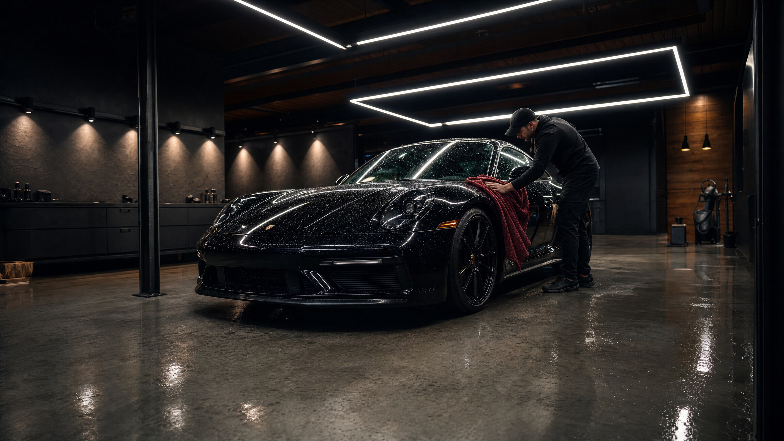 Drip towel being used on a Porsche 911